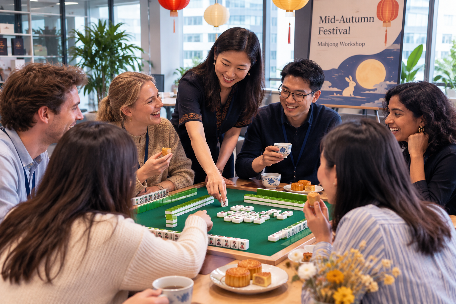 people playing mahjong and having mooncake